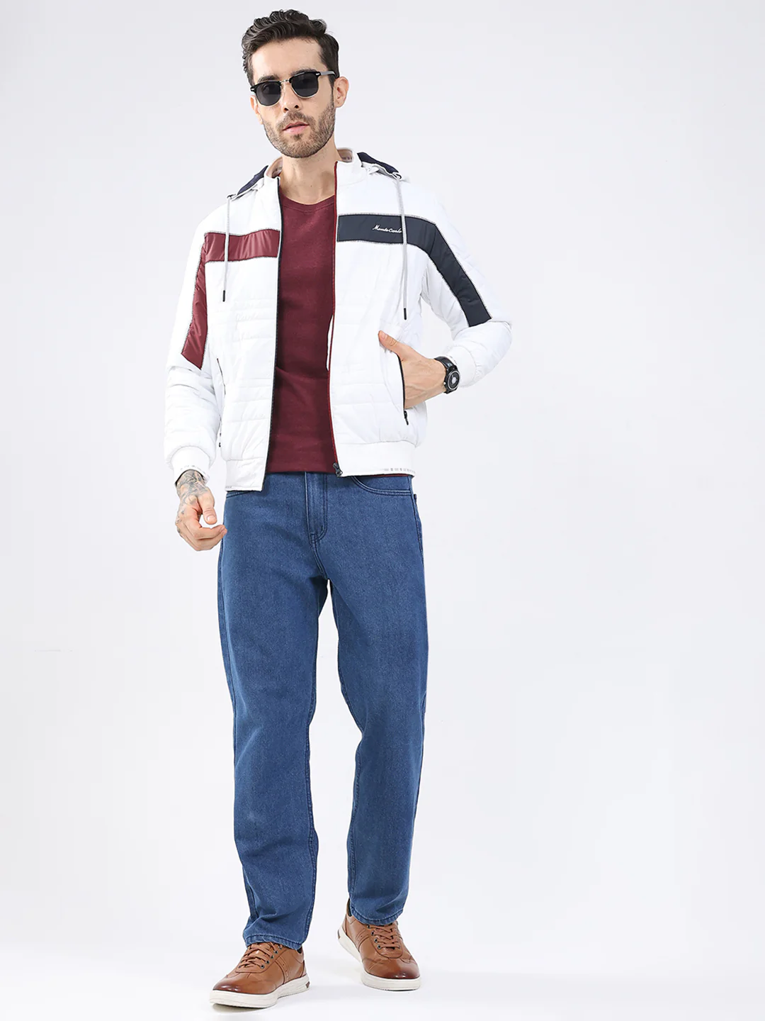 Men White Solid Detachable Hood Full Sleeve Jacket - Image 2