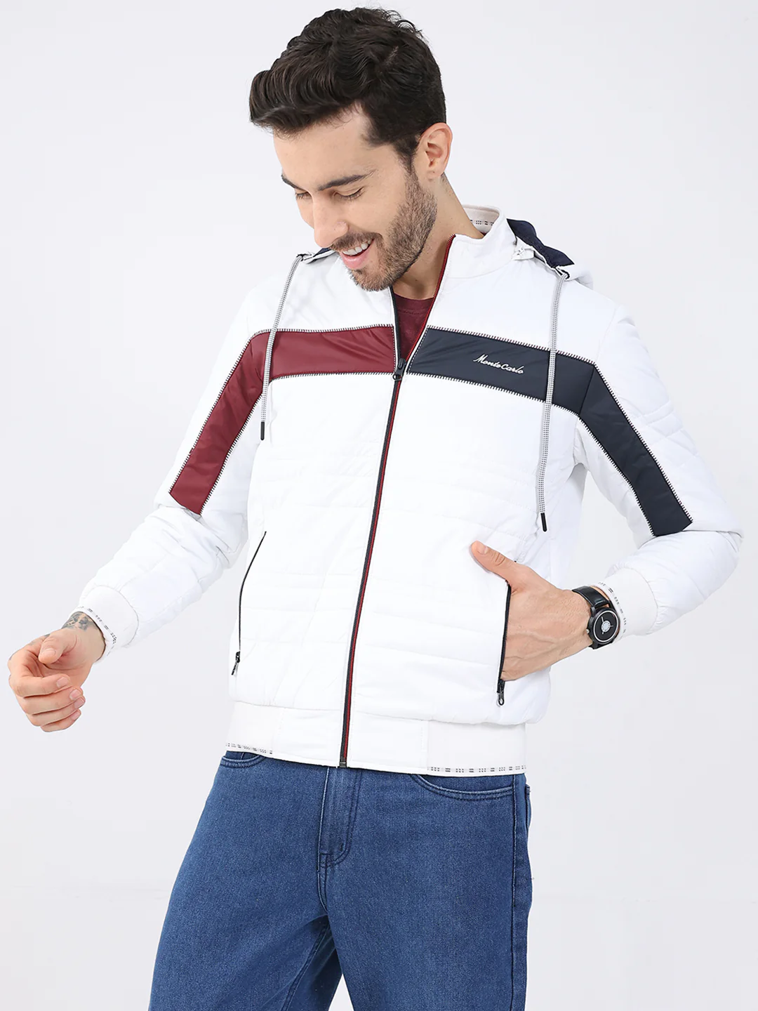 Men White Solid Detachable Hood Full Sleeve Jacket - Image 3
