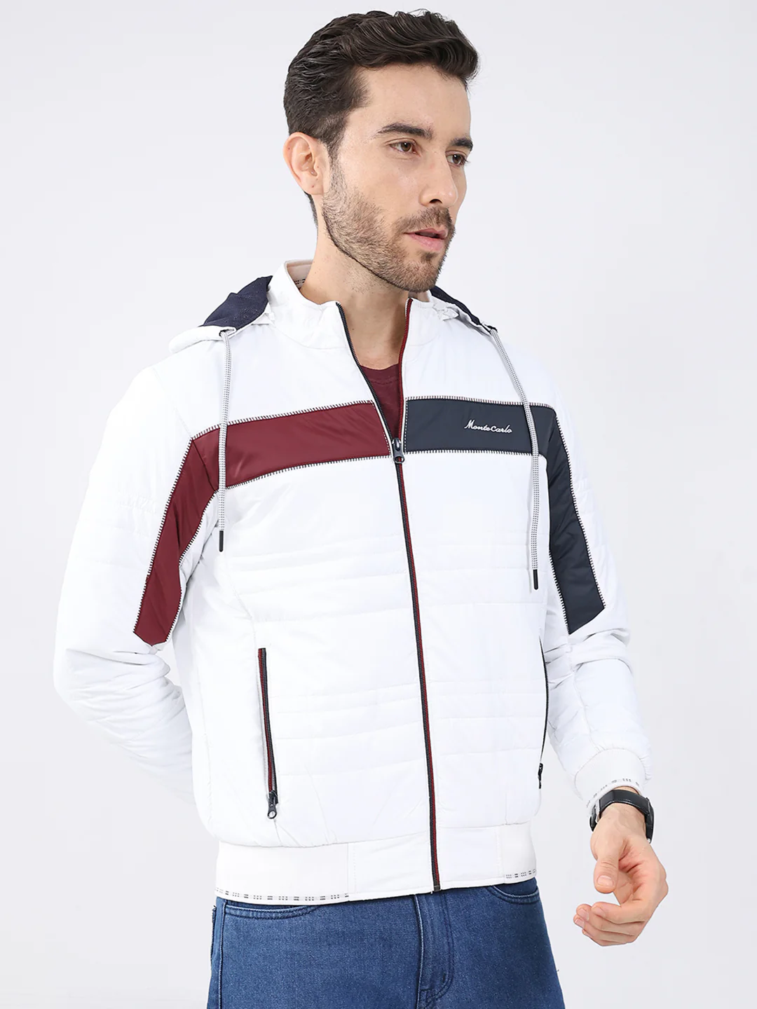 Men White Solid Detachable Hood Full Sleeve Jacket - Image 4