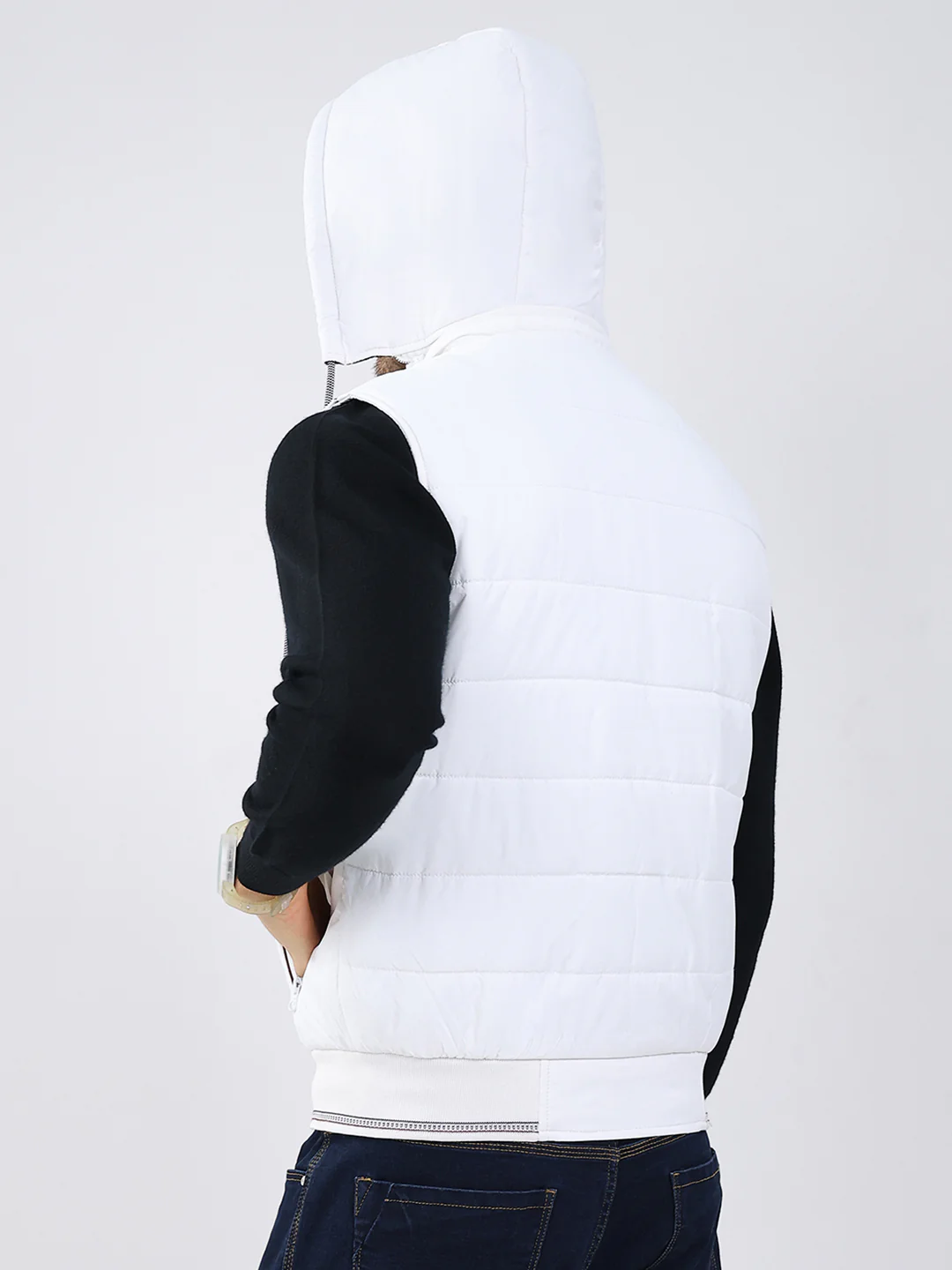 Men White Solid Detachable Hood Sleeveless Jacket - Image 5