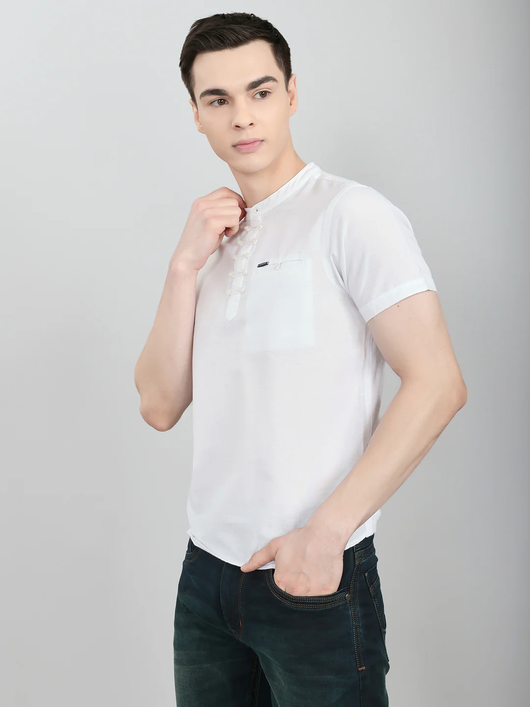 Men White Solid Henley Neck Half Sleeve T-Shirt - Image 2
