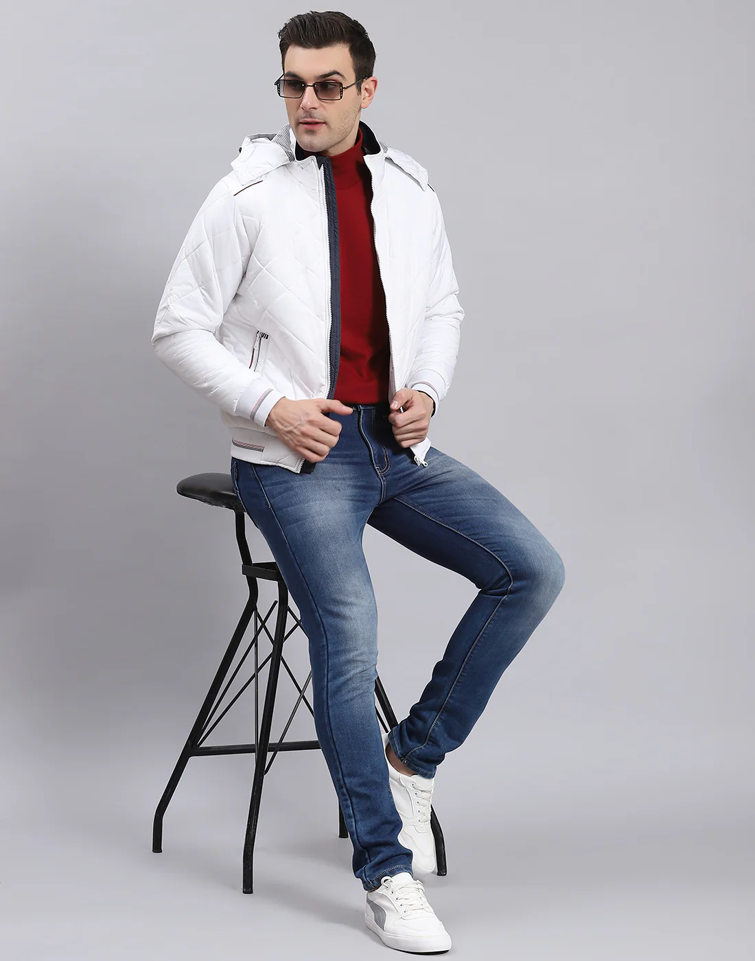 Men White Solid Hooded Full Sleeve Jacket - Image 2
