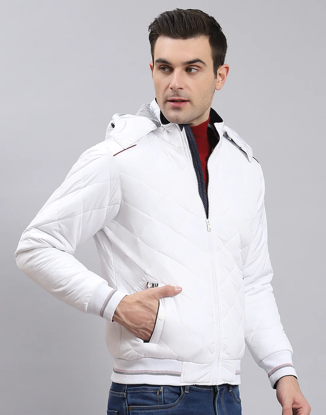 Men White Solid Hooded Full Sleeve Jacket - Image 4