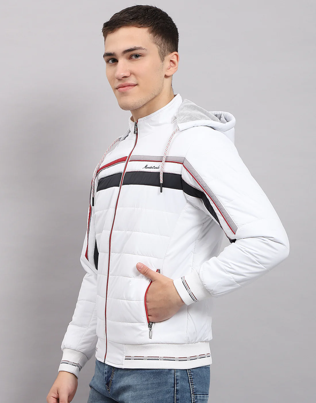 Men White Solid Hooded Full Sleeve Jacket - Image 3