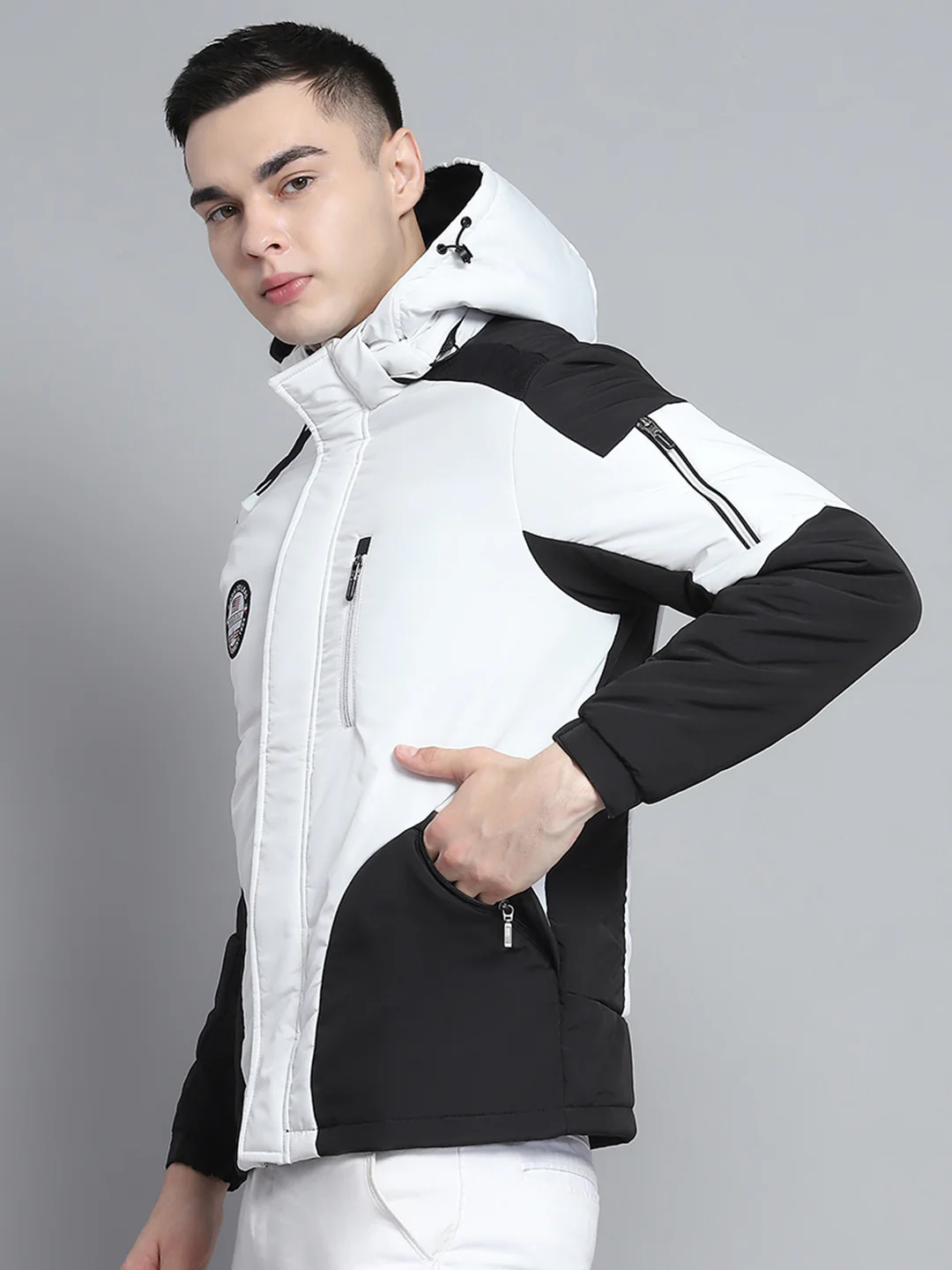 Men White Solid Hooded Full Sleeve Jacket - Image 3