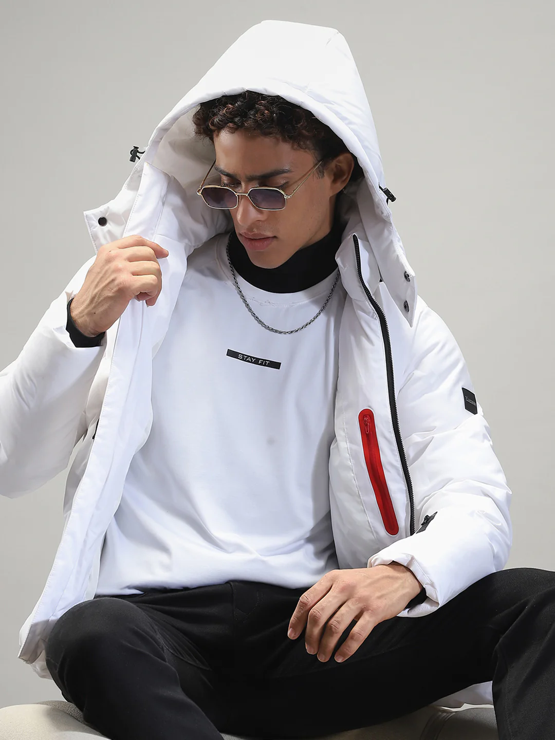 Men White Solid Hooded Full Sleeve Jacket - Image 6