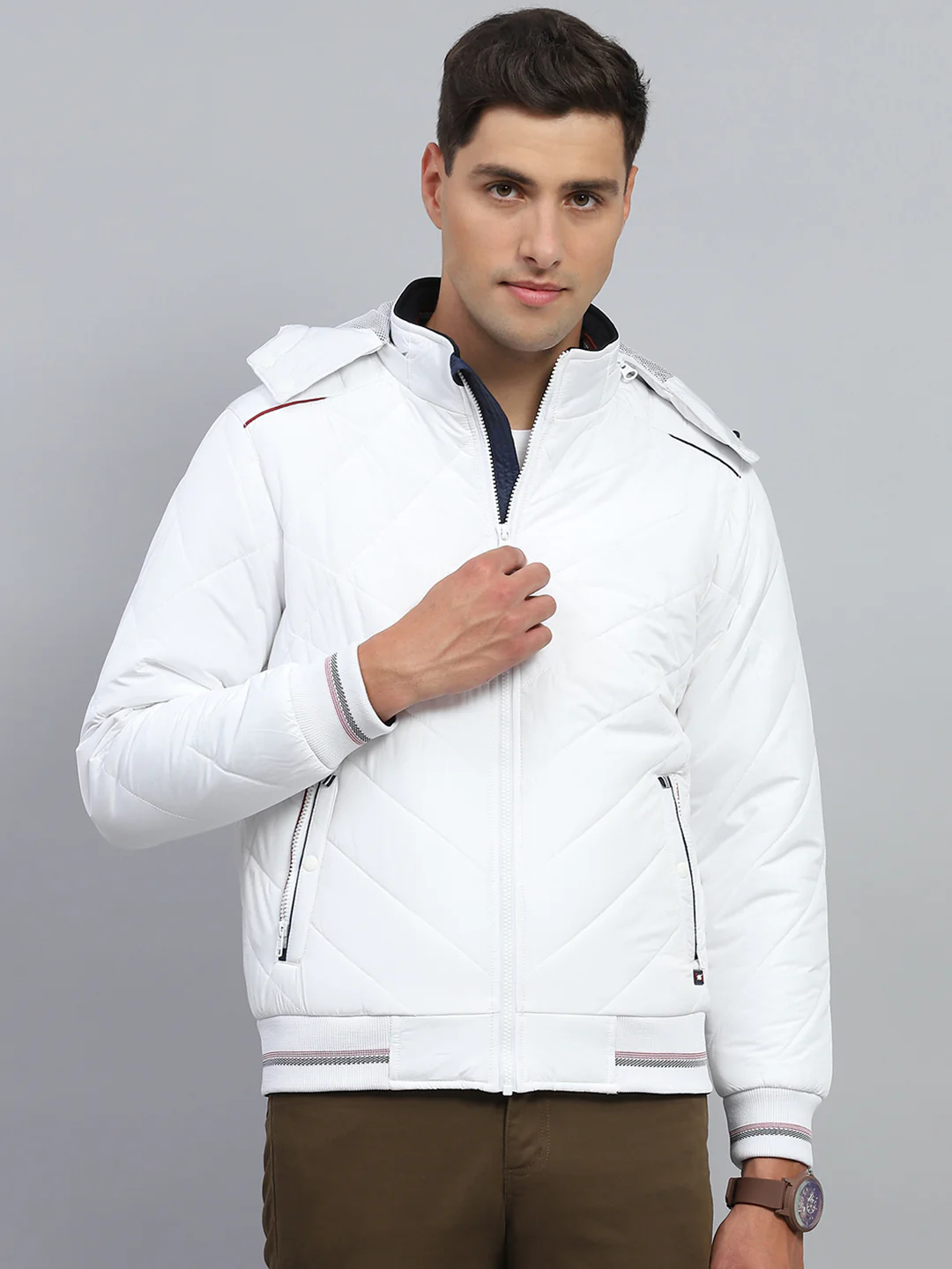 Men White Solid Hooded Full Sleeve Jacket - Image 4