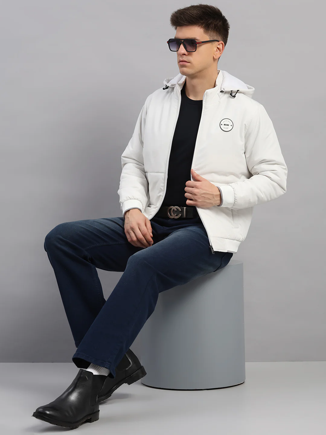 Men White Solid Hooded Full Sleeve Jacket - Image 2