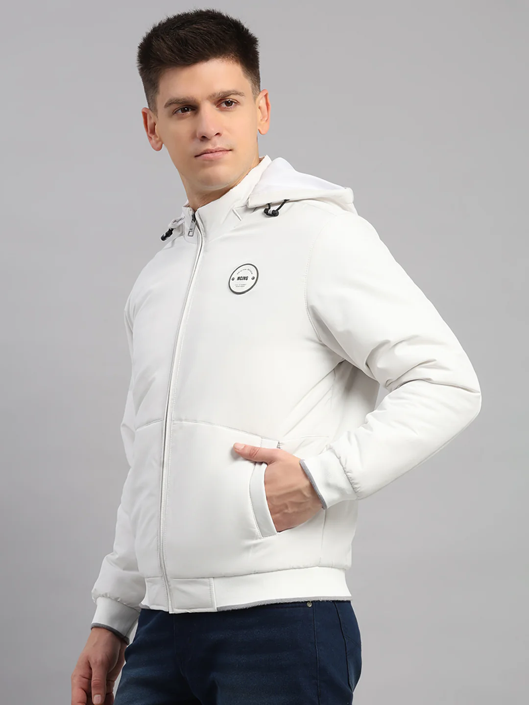 Men White Solid Hooded Full Sleeve Jacket - Image 3