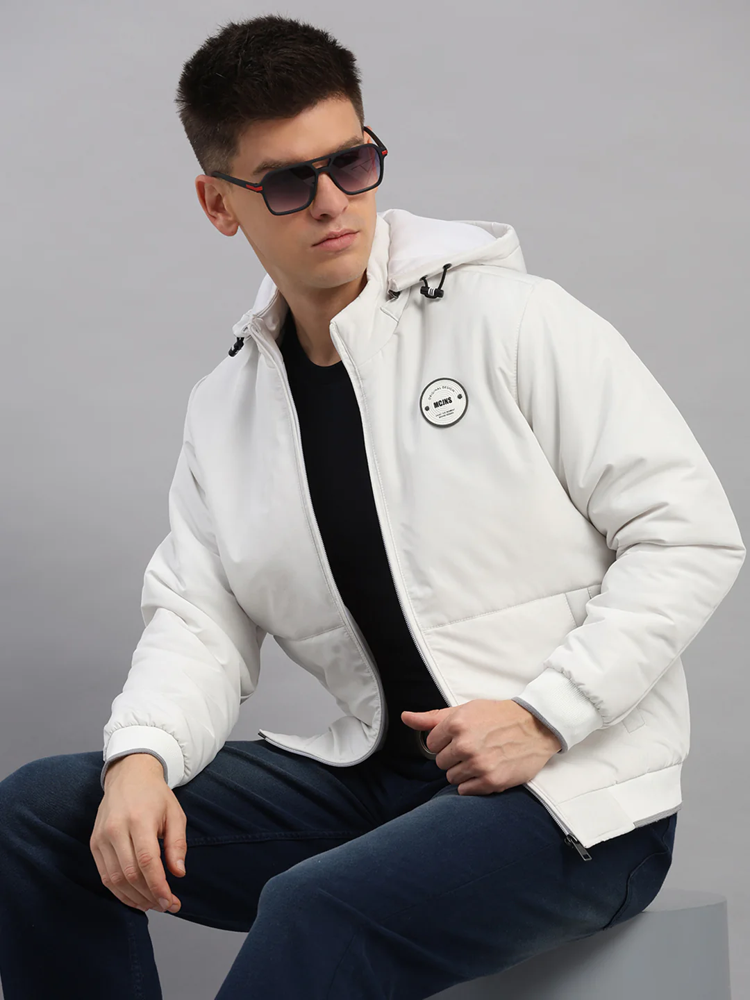 Men White Solid Hooded Full Sleeve Jacket - Image 6