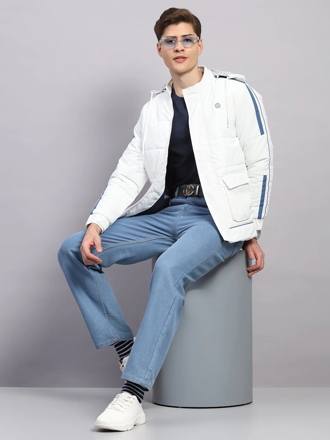 Men White Solid Hooded Full Sleeve Jacket - Image 2