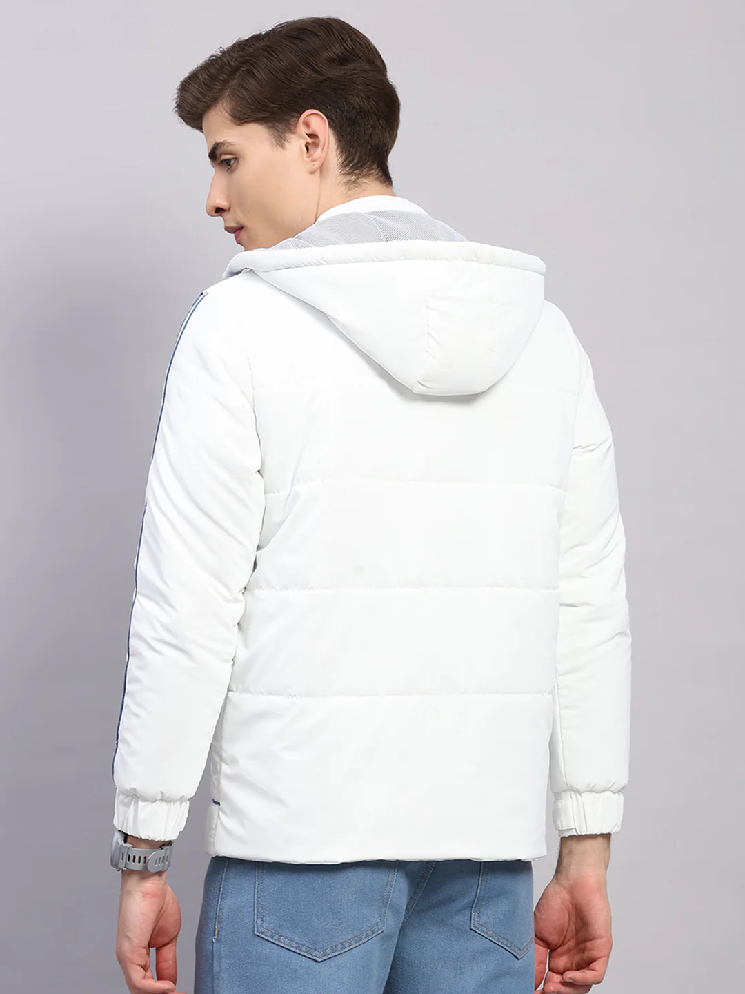Men White Solid Hooded Full Sleeve Jacket - Image 5