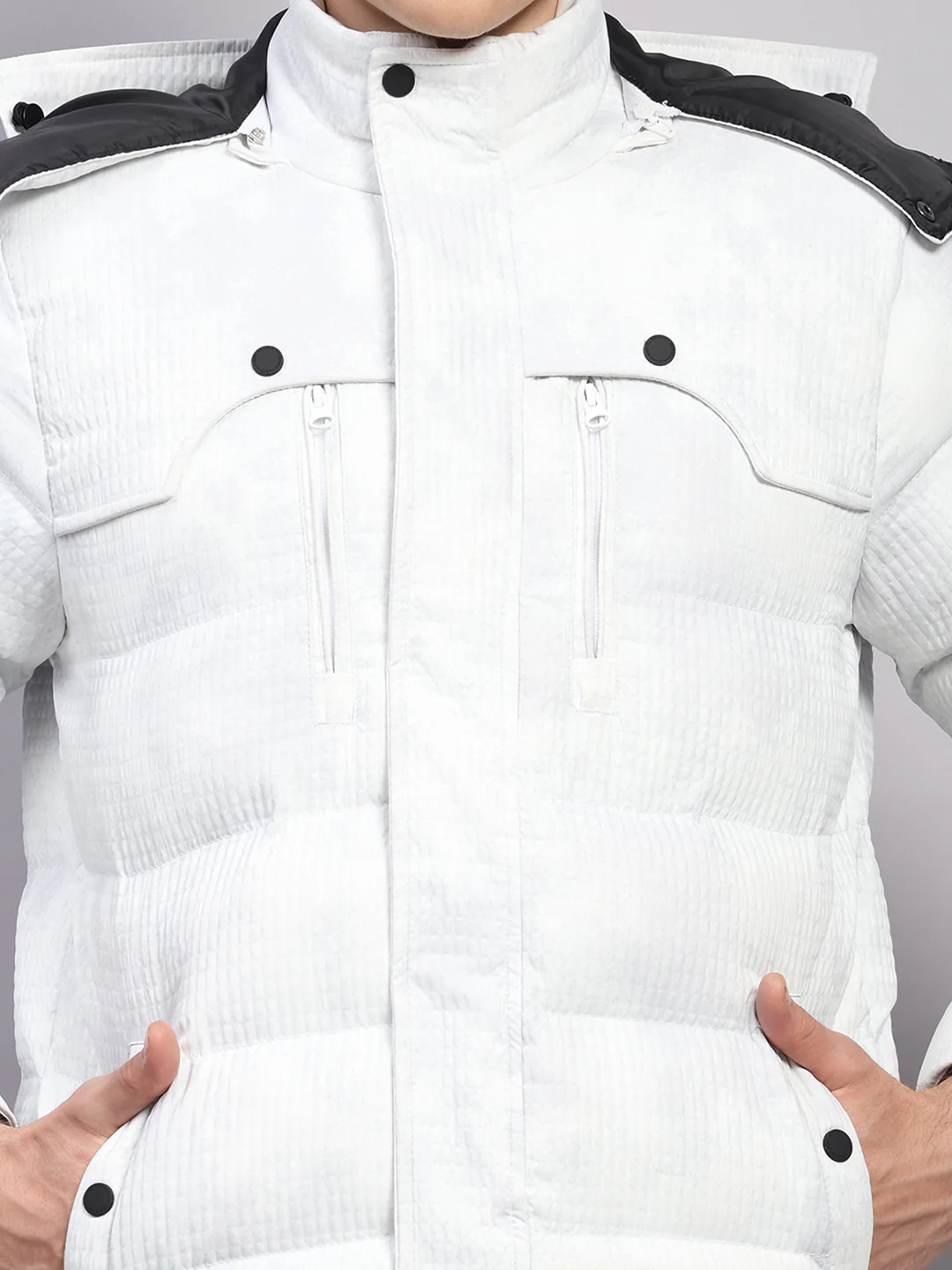 Men White Solid Hooded Full Sleeve Jacket - Image 7