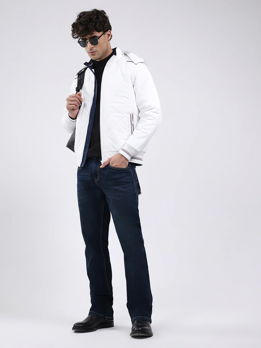 Men White Solid Hooded Full Sleeve Jacket - Image 2