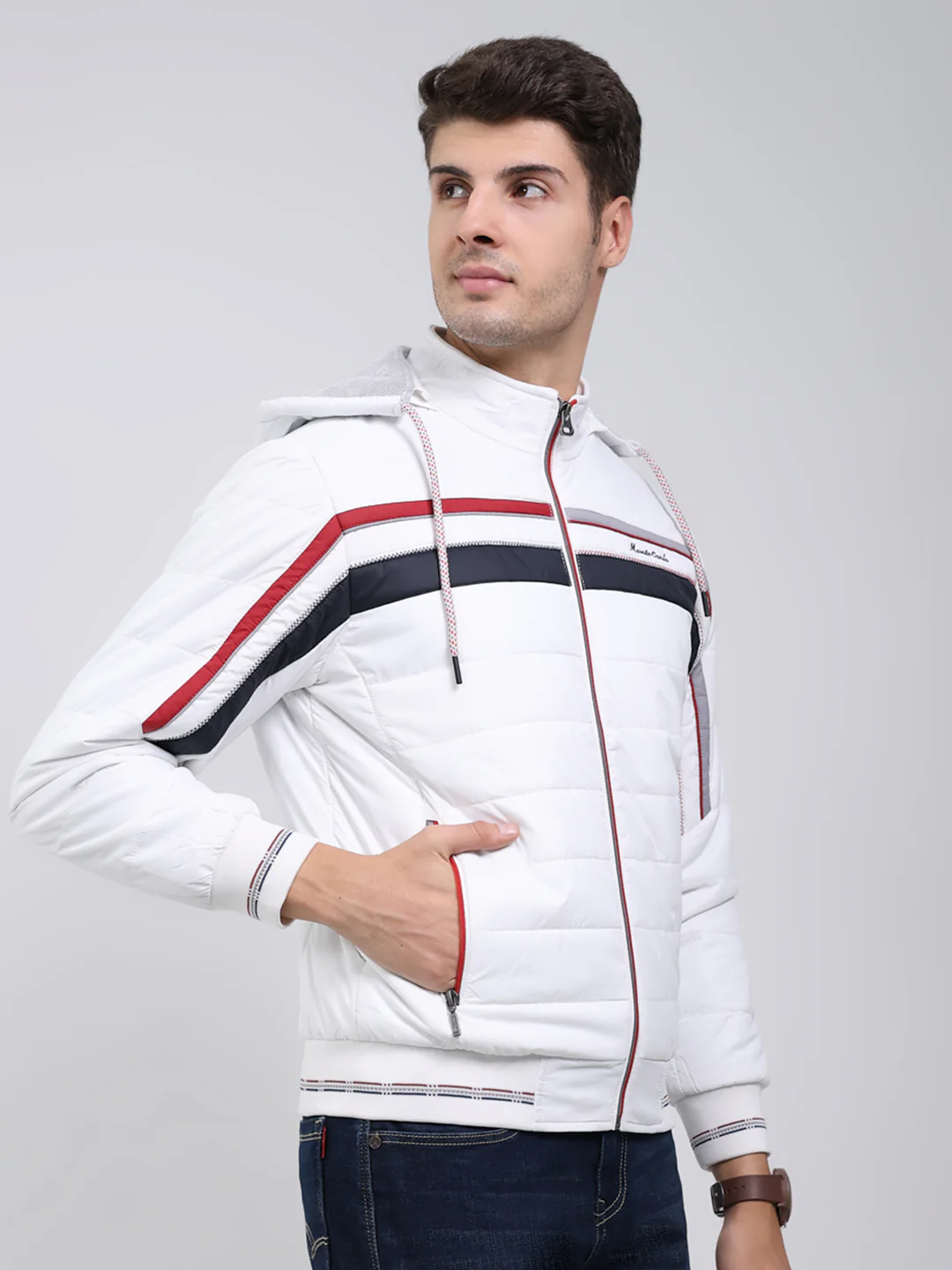 Men White Solid Hooded Full Sleeve Jacket - Image 4