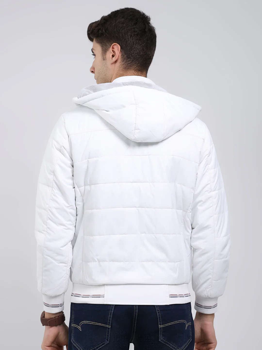 Men White Solid Hooded Full Sleeve Jacket - Image 5