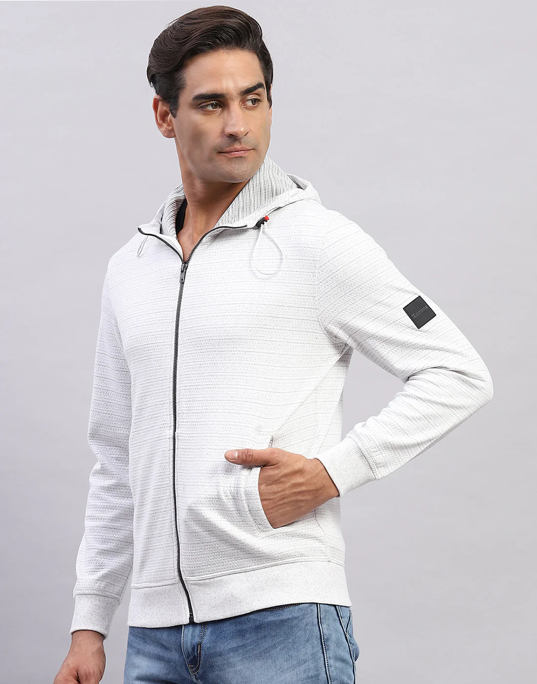Men White Solid Hooded Full Sleeve Sweatshirt - Image 3