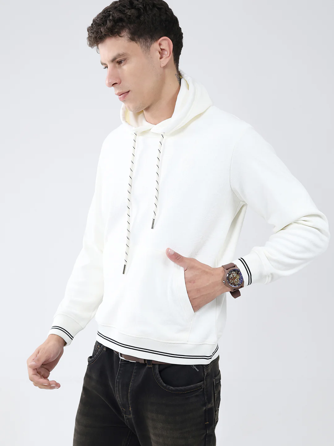 Men White Solid Hooded Full Sleeve Sweatshirt - Image 3