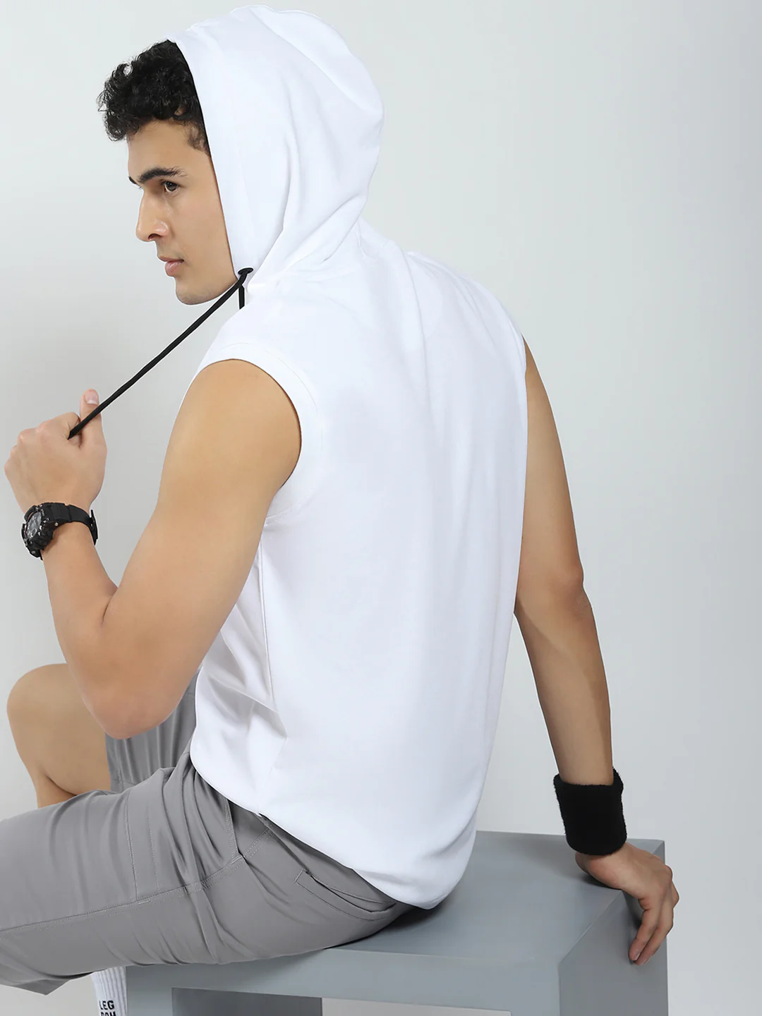 Rock.it Men White Solid Hooded Sleeveless T-Shirt - Image 6