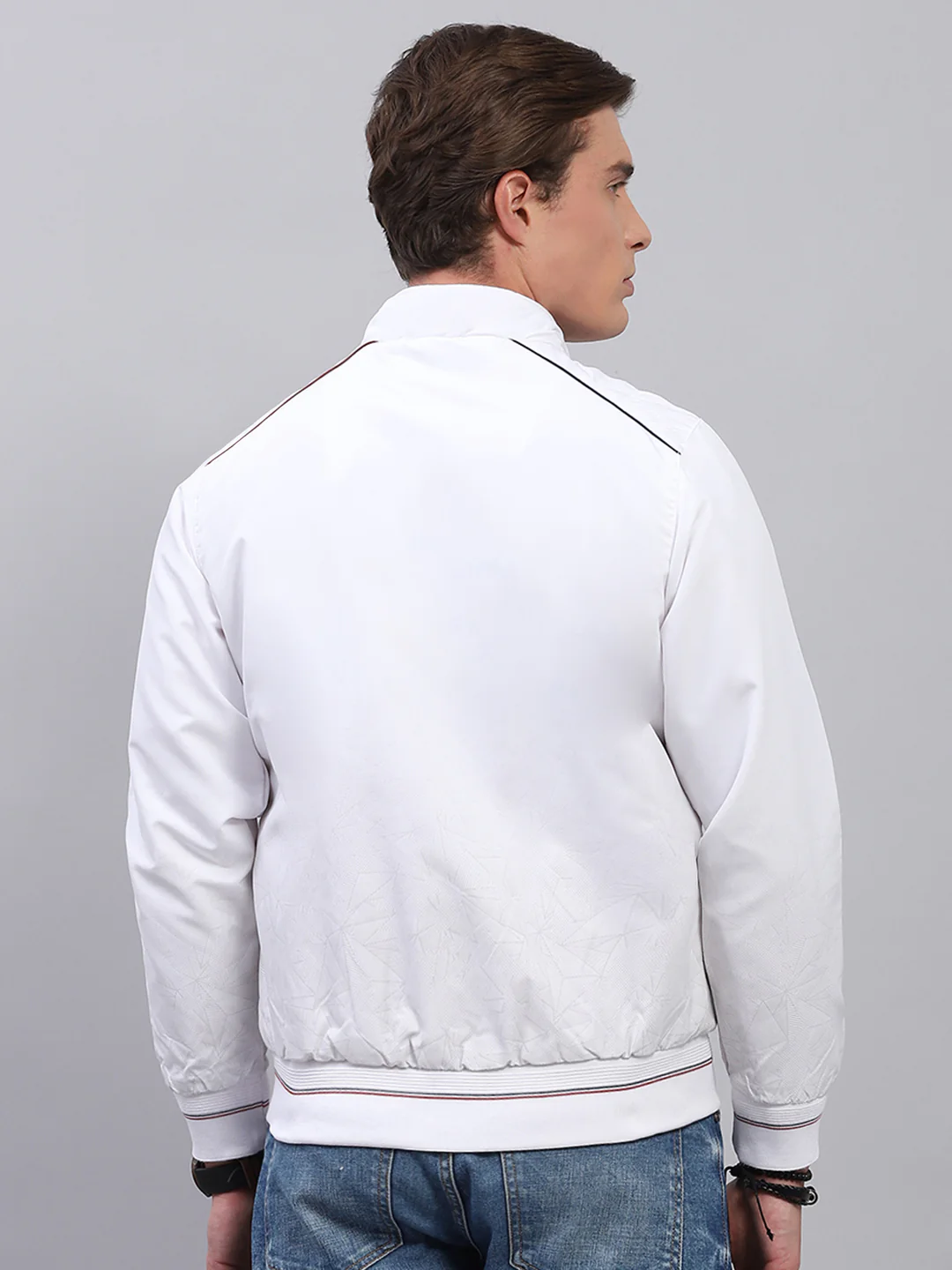 Men White Solid Mock Neck Full Sleeve Jacket - Image 5