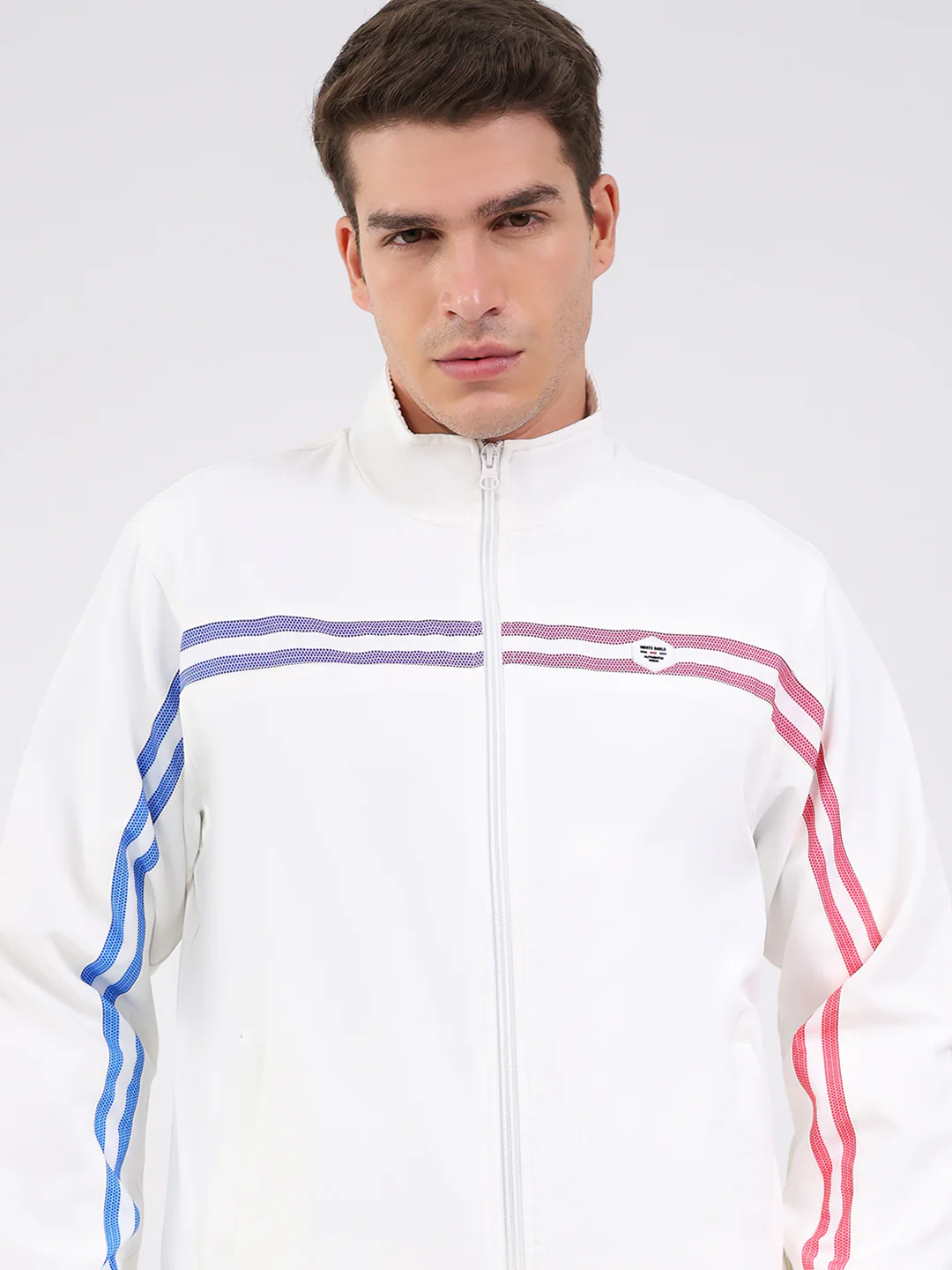 Men White Solid Mock Neck Full Sleeve Winter Tracksuit - Image 6