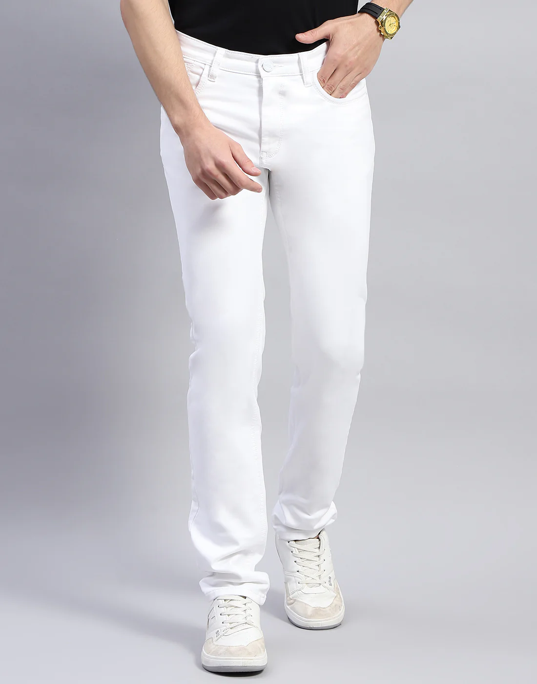 Men White Solid Narrow Fit Denim - Image 2