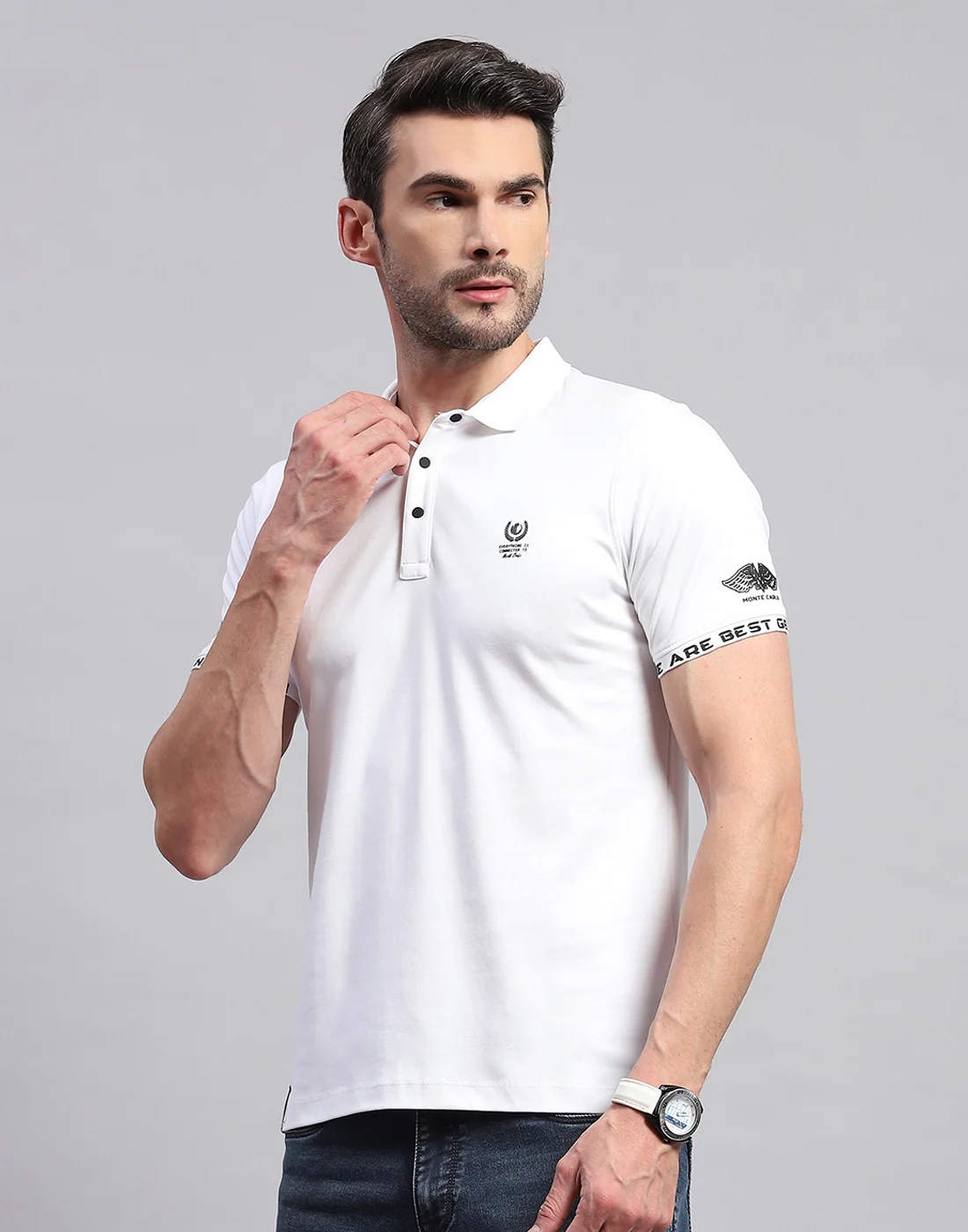 Men White Solid Polo Collar Half Sleeve T-Shirt - Image 3