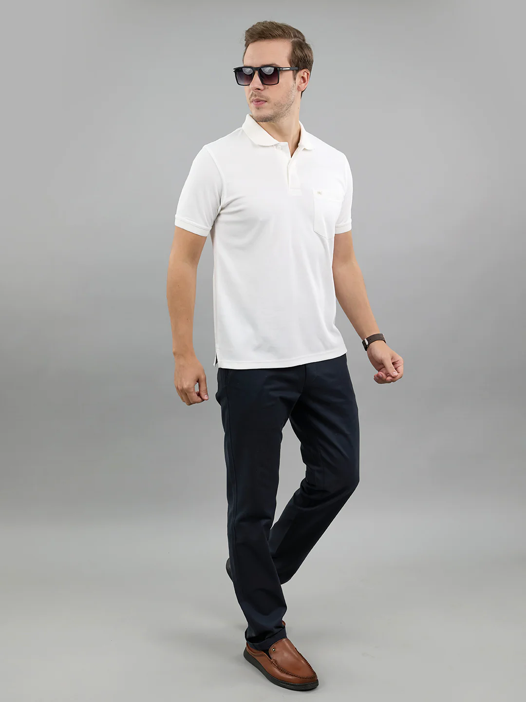 Men White Solid Polo Collar Half Sleeve T-Shirt - Image 8