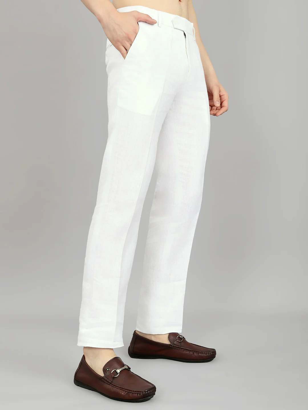 Men White Solid Regular Fit Trouser - Image 3