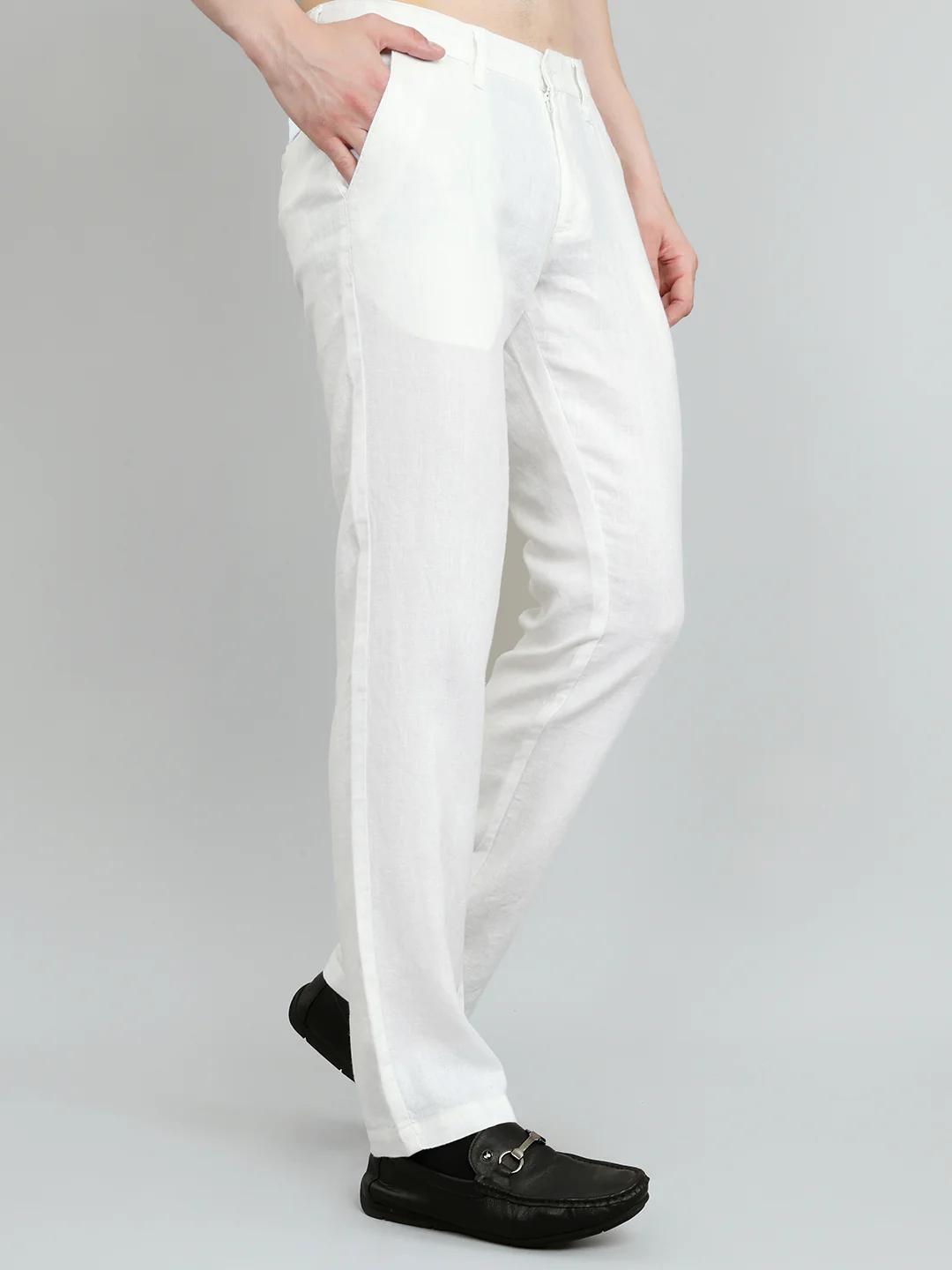 Men White Solid Regular Fit Trouser - Image 3
