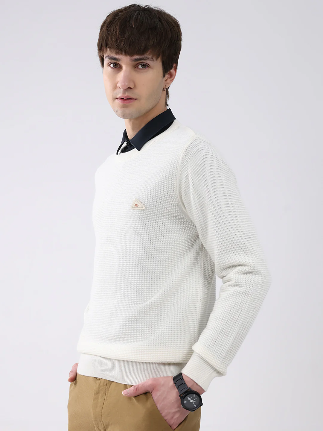 Men White Solid Round Neck Full Sleeve Pullover - Image 3