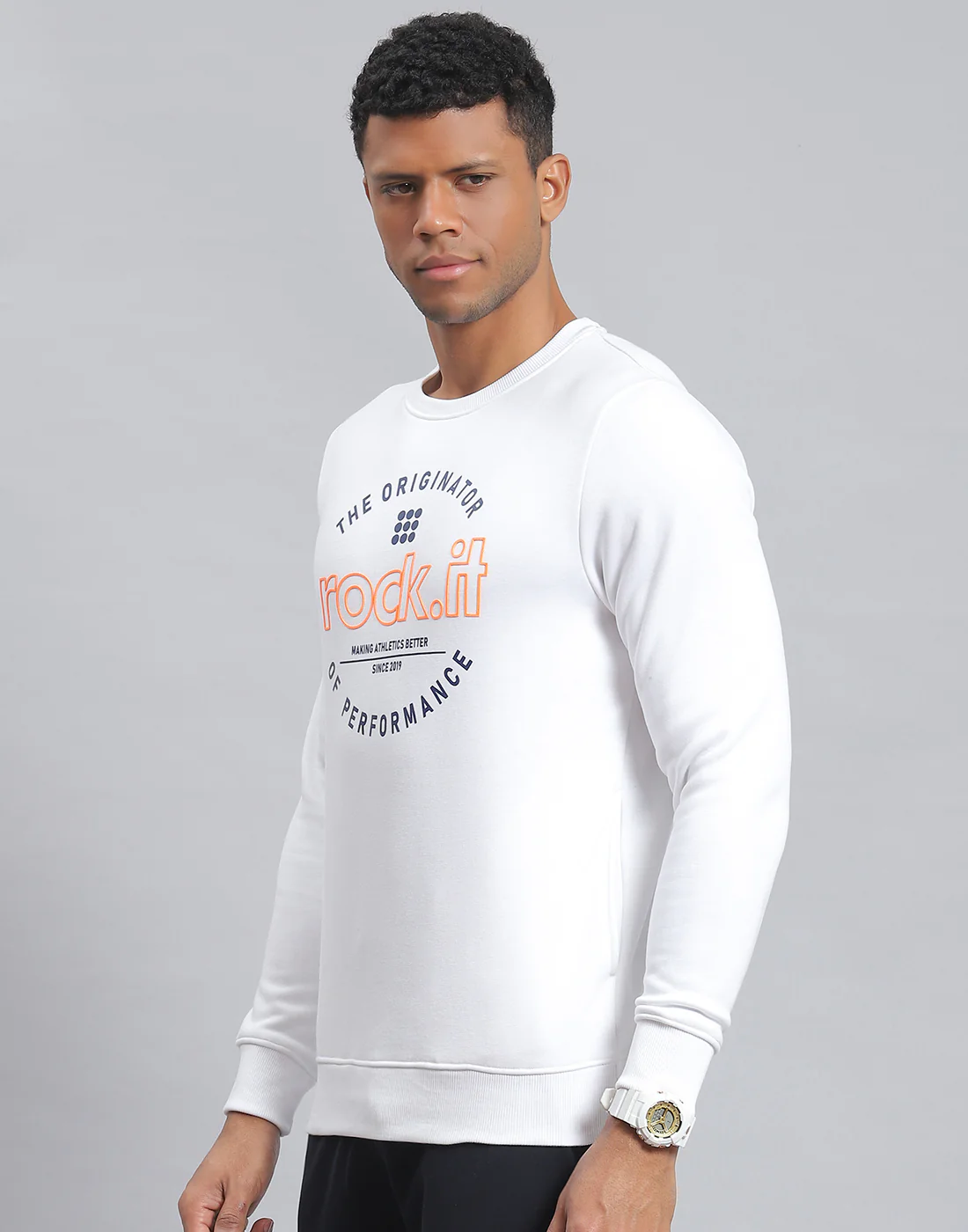Rock.it Men White Solid Round Neck Full Sleeve Sweatshirt - Image 3