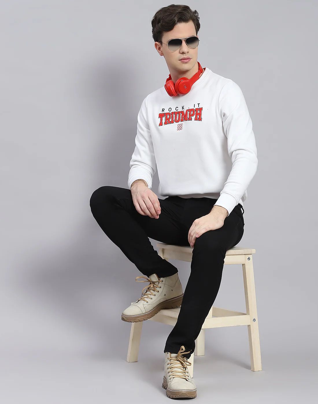 Rock.it Men White Solid Round Neck Full Sleeve Sweatshirt - Image 3