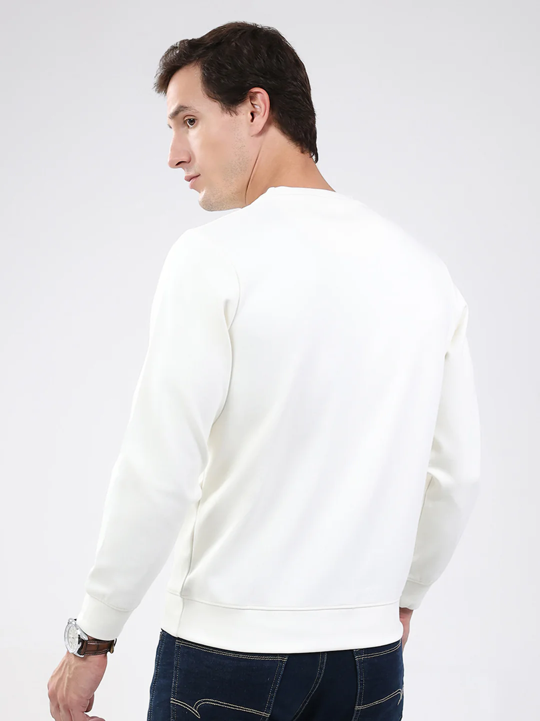 Men White Solid Round Neck Full Sleeve Sweatshirt - Image 5