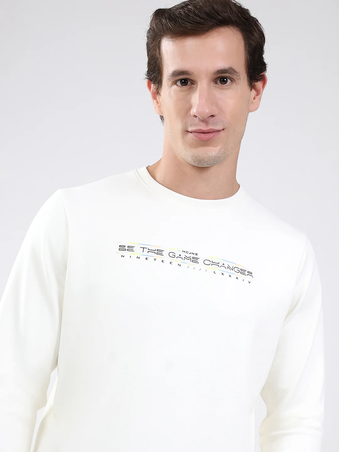 Men White Solid Round Neck Full Sleeve Sweatshirt - Image 7