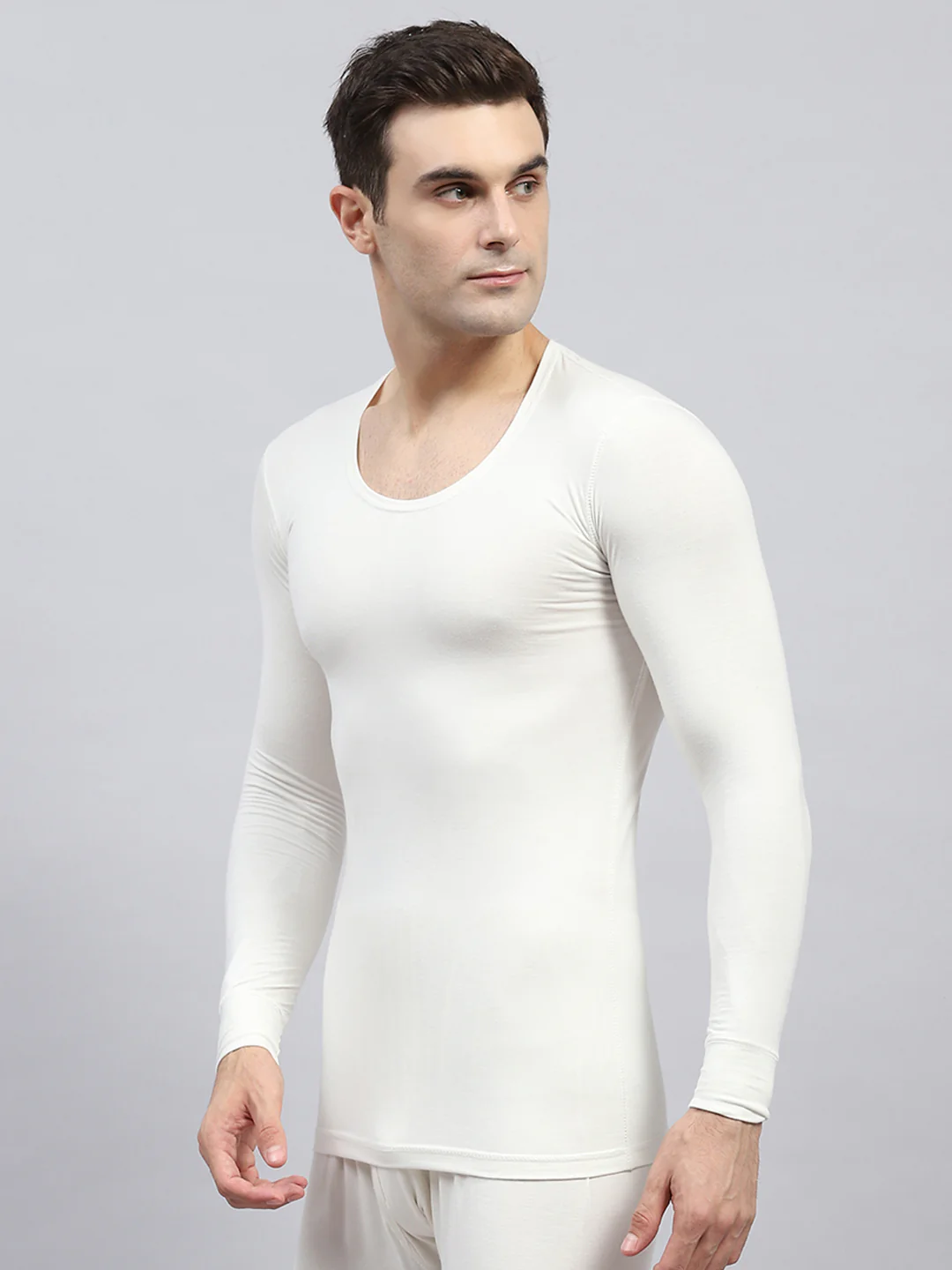 Men White Solid Round Neck Full Sleeve Thermal Vest - Image 3