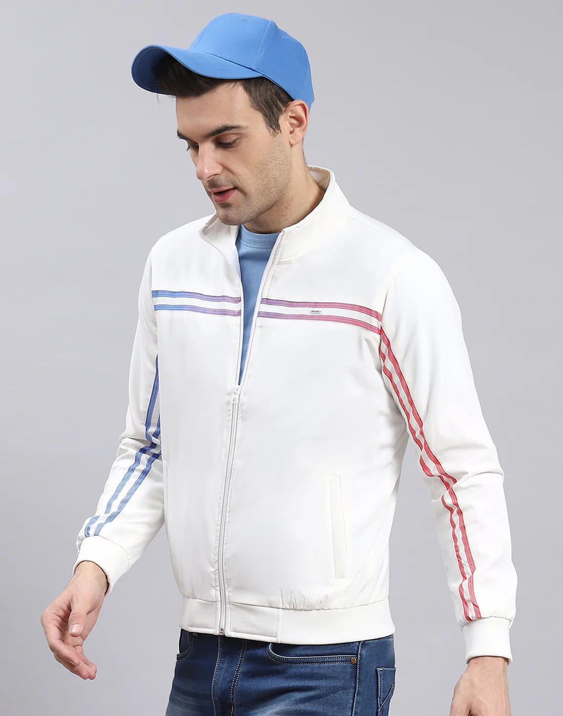 Men White Solid Stand Collar Full Sleeve Jacket - Image 3