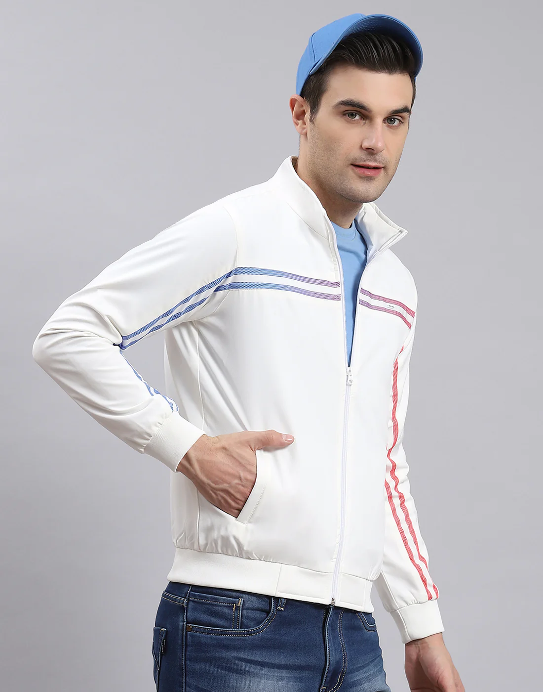 Men White Solid Stand Collar Full Sleeve Jacket - Image 4