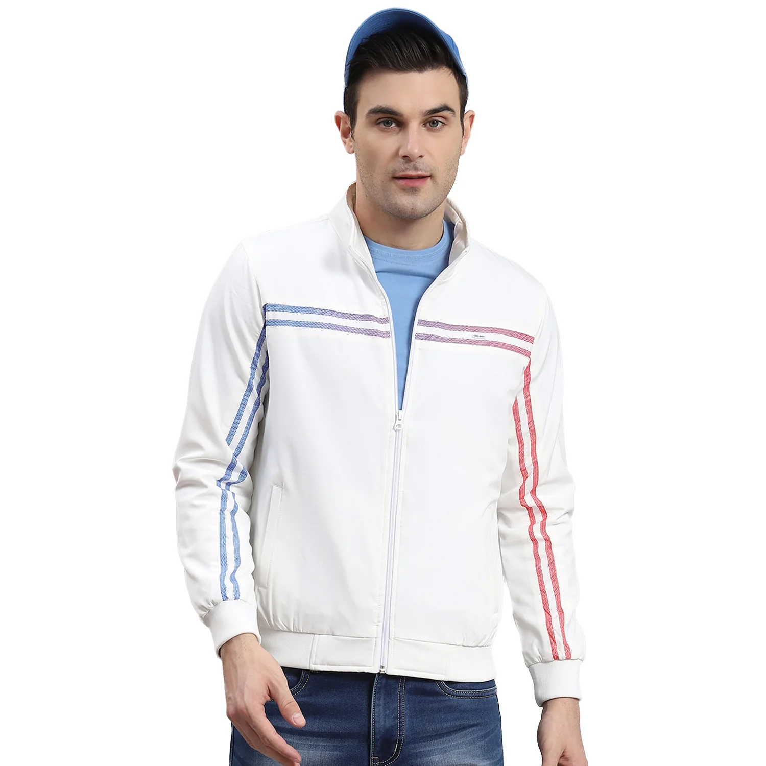 Men White Solid Stand Collar Full Sleeve Jacket - Image 5
