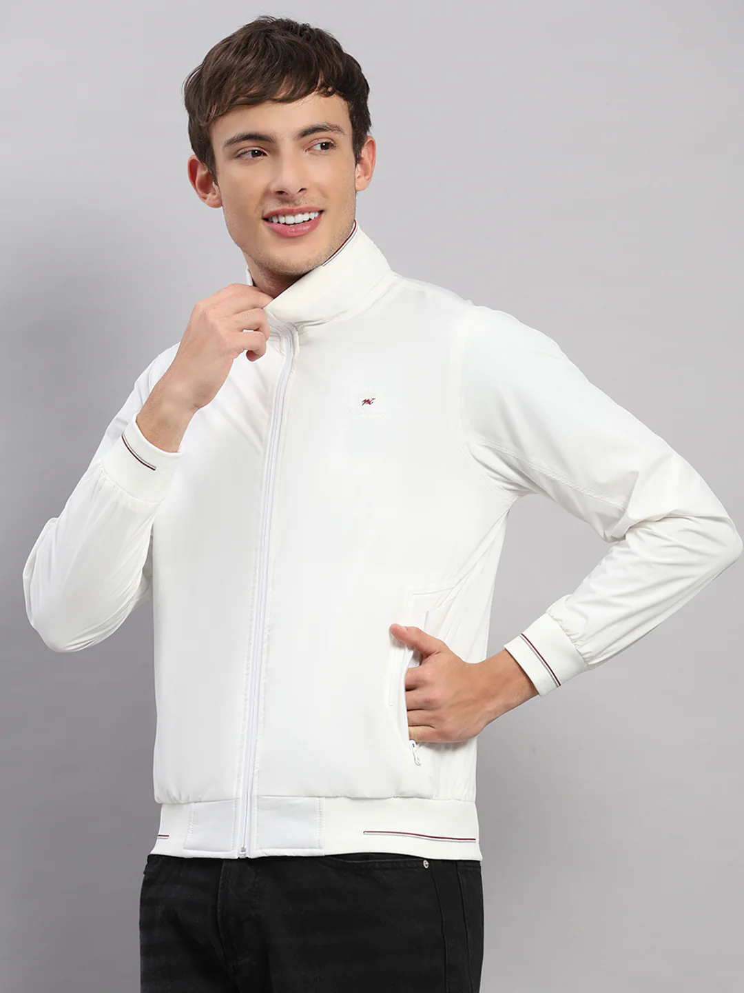 Men White Solid Stand Collar Full Sleeve Jacket - Image 3