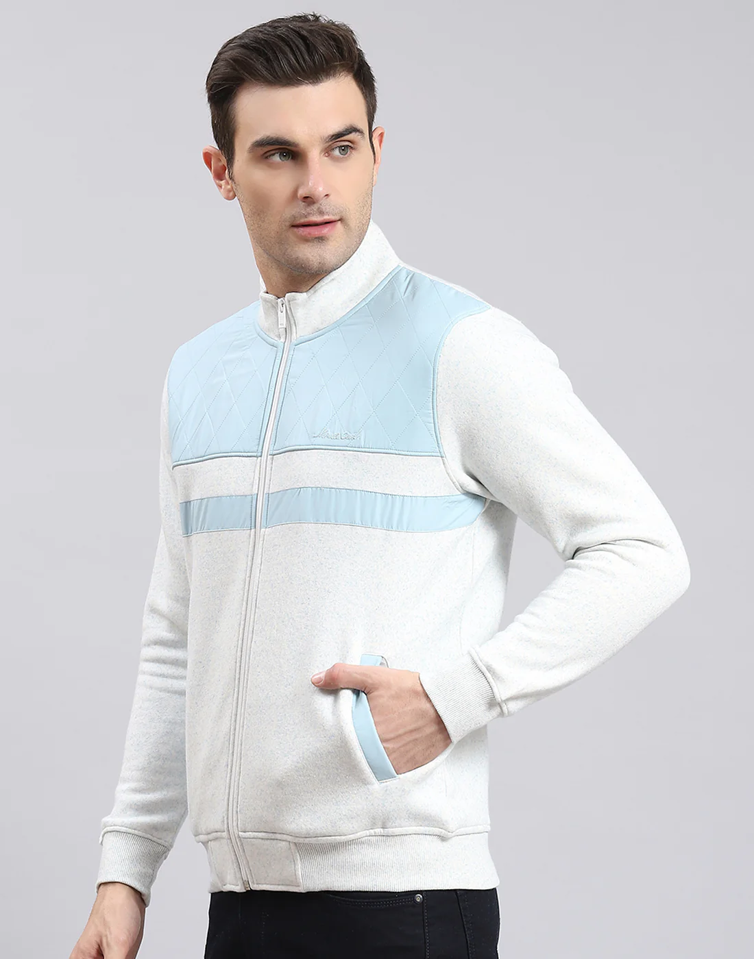 Men White Solid Stand Collar Full Sleeve Sweatshirt - Image 4