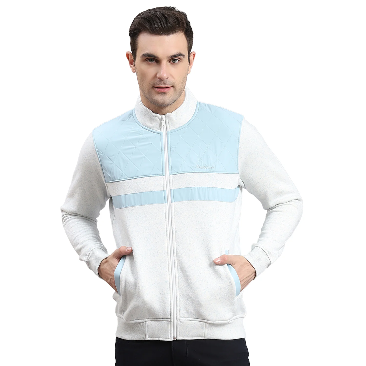 Men White Solid Stand Collar Full Sleeve Sweatshirt - Image 5