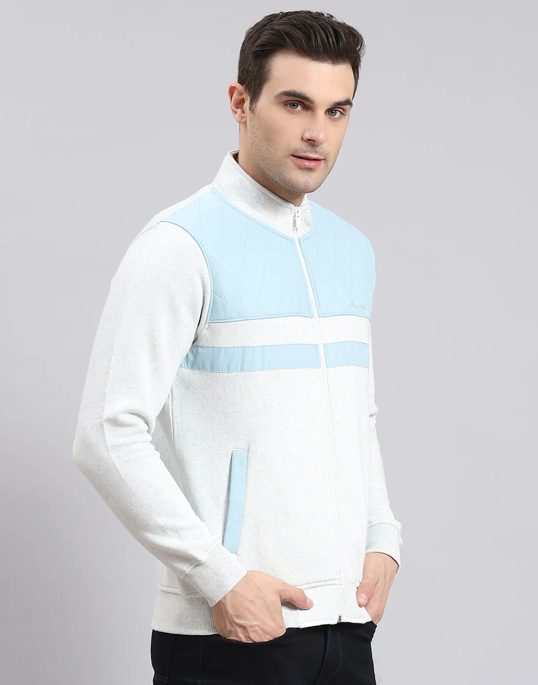 Men White Solid Stand Collar Full Sleeve Sweatshirt - Image 6