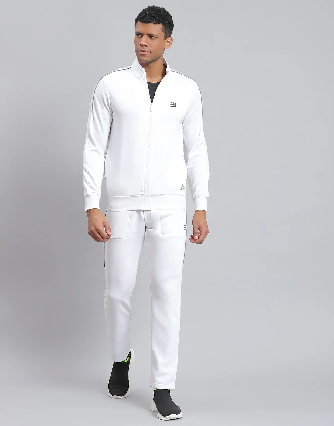Rock.it Men White Solid Stand Collar Full Sleeve Tracksuit - Image 2
