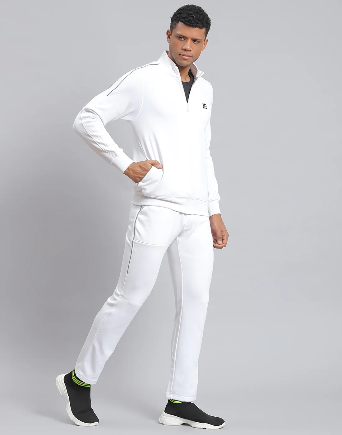 Rock.it Men White Solid Stand Collar Full Sleeve Tracksuit - Image 5