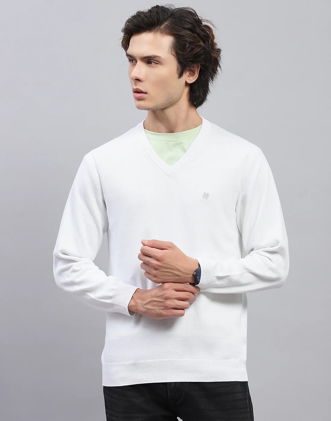Men White Solid V Neck Full Sleeve Pullover - Image 2