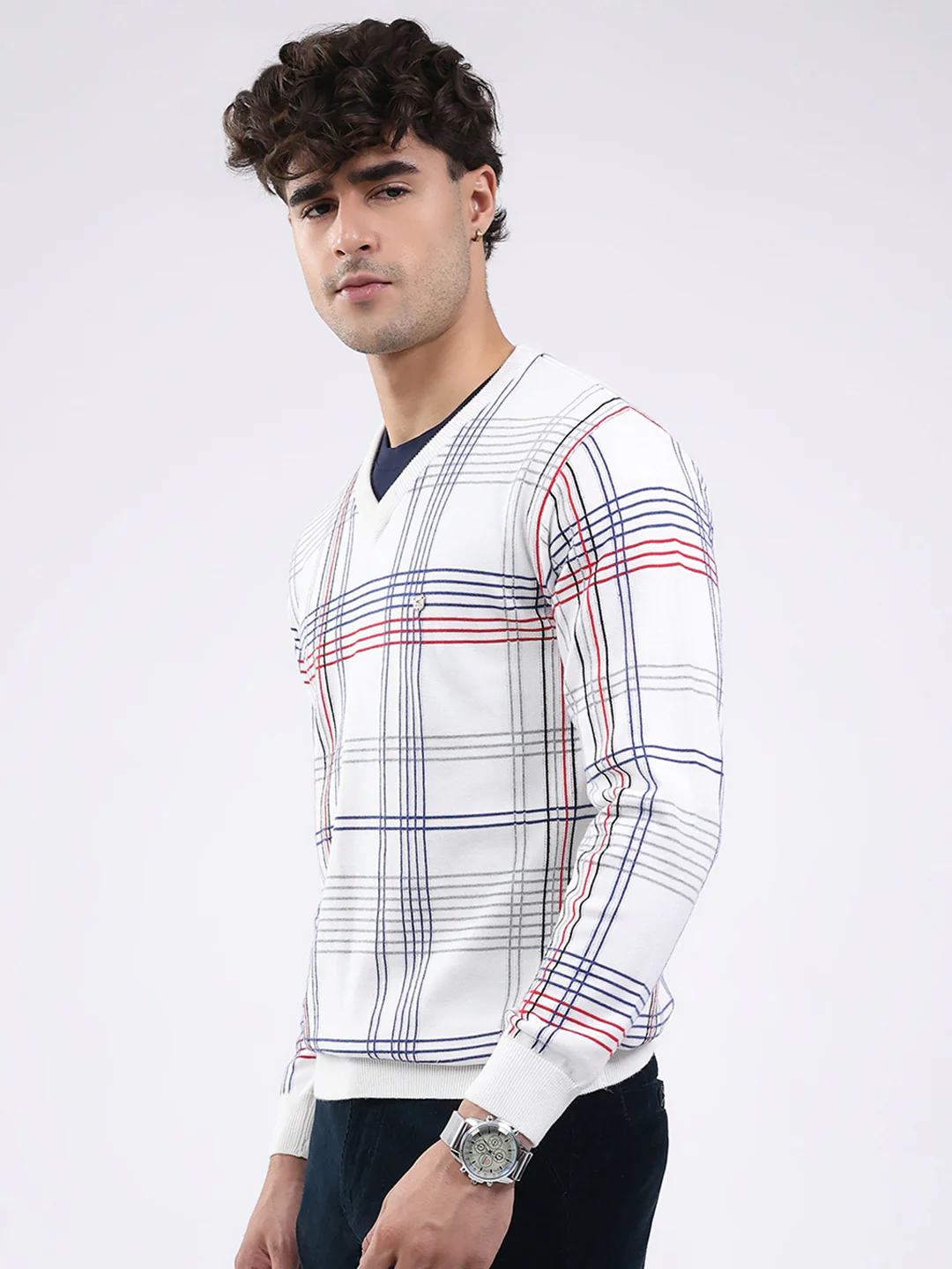Men White Solid V Neck Full Sleeve Pullover - Image 3