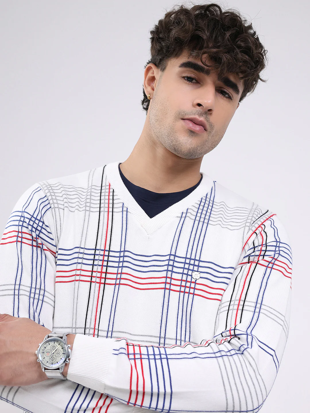 Men White Solid V Neck Full Sleeve Pullover - Image 6