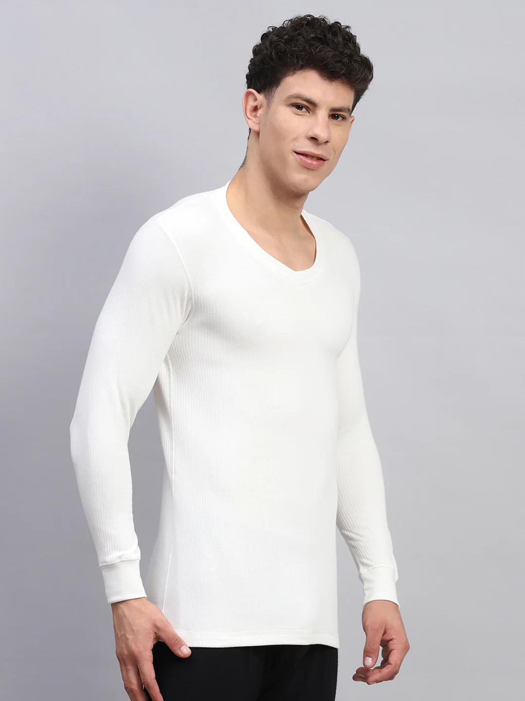 Men White Solid V Neck Full Sleeve Thermal Vest - Image 4