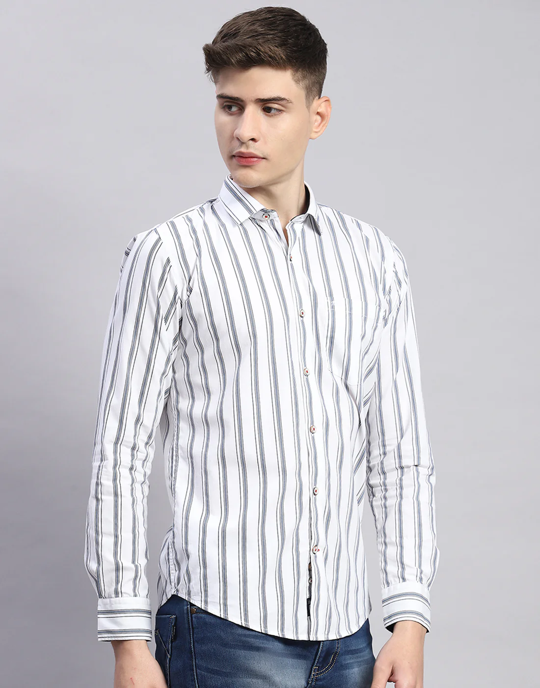 Men White Stripe Collar Full Sleeve Shirt - Image 5